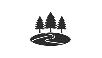 Silhouette of a winding road through a forest.  Three dark evergreen trees at the top.  Road meanders across a dark circular area