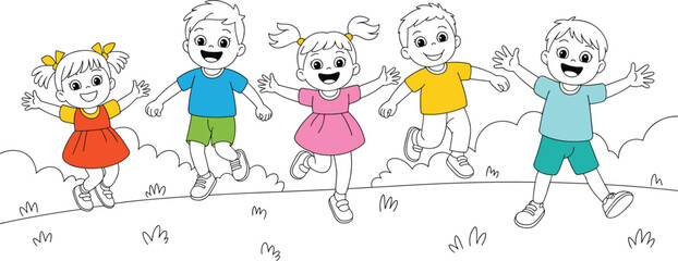 Happy kids cartoon illustration, group of children playing outdoors, smiling boys and girls jumping together, fun childhood, colorful vector drawing