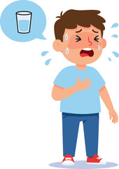 Thirsty crying boy cartoon illustration, dehydrated child asking for water, sweating, emotional kid character, hot summer heat, drinking problem, hydration