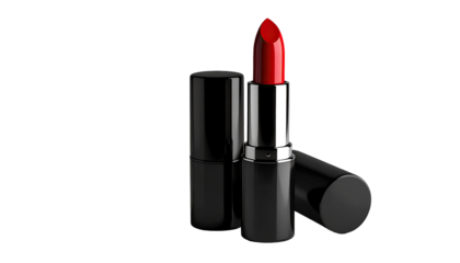 Close-up of a crimson lipstick in a black cylindrical case.  The case is glossy and reflects light