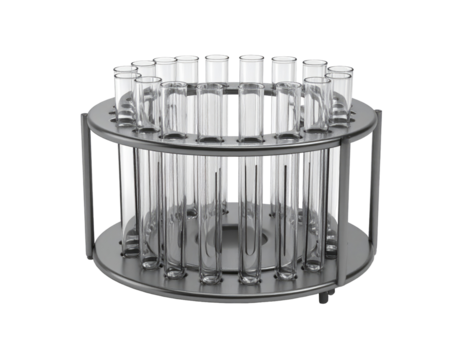 Circular metal rack holding numerous test tubes - Powered by Adobe