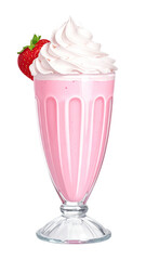 Pink strawberry milkshake in a tall glass.  Whipped cream atop