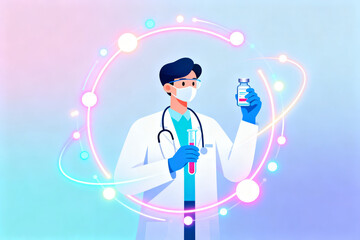 Illustration of a doctor in protective gear holding a vial, surrounded by glowing scientific elements