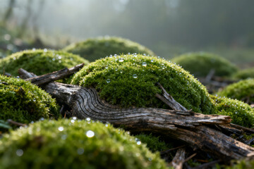 Moss-covered rocks with dew drops and fallen wood in a misty forest setting