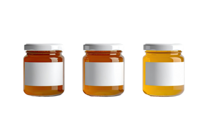 Three clear glass jars, each with a white label, filled with a golden-amber liquid, likely jam or preserves.  The jars are identical in shape and size, arranged horizontally