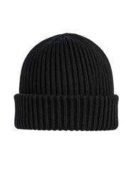 A dark gray, ribbed knit beanie
