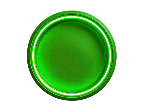Green circular button with glowing neon ring