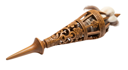 Isolated on transparent background, a spindle with a carved wooden body and a tuft of cotton, an antique tool used for spinning yarn or thread