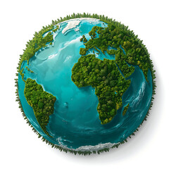 The artwork depicts Earth in a harmonious manner, with continents shaped by lush green forests and oceans adorned with turquoise blue water.