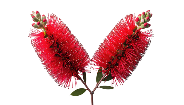 Close-up of two vibrant red bottlebrush flowers against a black background.  The flowers are densely packed with fine, red hairs, and  buds are visible.  Stems and small leaves are also present