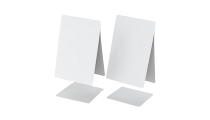 Two blank, white, tabletop, A-frame, promotional displays, for signage or marketing