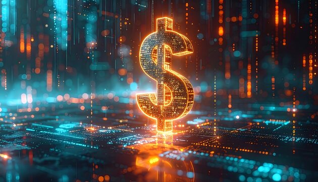 A digital currency symbol against a backdrop of data streams and circuit board visuals, showcasing the future