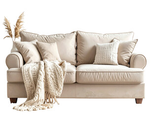 Light beige couch with decorative throw pillows and blankets