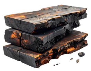 Stacked charred wood slabs