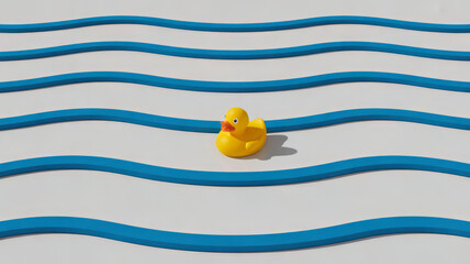 A yellow rubber duck sits in the middle of a series of blue waves isolated on white background