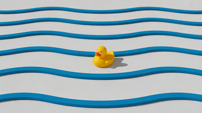 A yellow rubber duck sits in the middle of a series of blue waves isolated on white background - Powered by Adobe