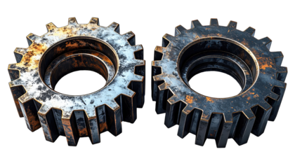 Two rusty gears on black background