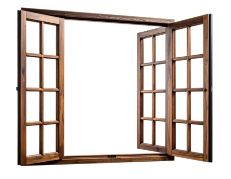Open wooden window against black background