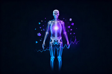 Digital human skeleton with glowing neural pathways and energy effects