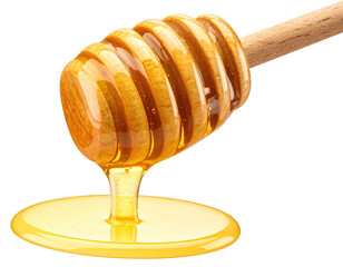 Honey dripping from a wooden dipper