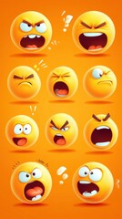 Fototapeta premium Intense 3D Emoji Expressions: A Grid of Anger, Frustration, and Distress on a Vibrant Orange Background