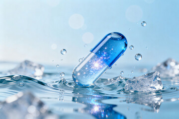 Blue capsule floating on water with droplets and ice fragments