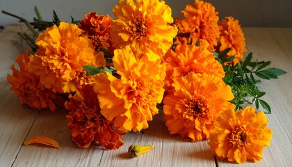 Vibrant orange marigolds on light wood