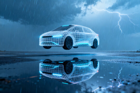 Futuristic wireframe car floating above water during a storm with lightning and reflection