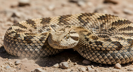 Obraz premium Horned Viper Moving Across Arid Desert Ground Close-up