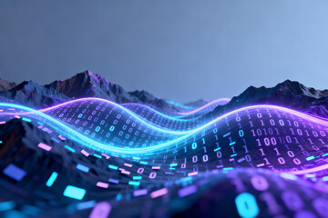 Digital wave of binary code flowing over mountainous terrain with neon lights and futuristic landscape