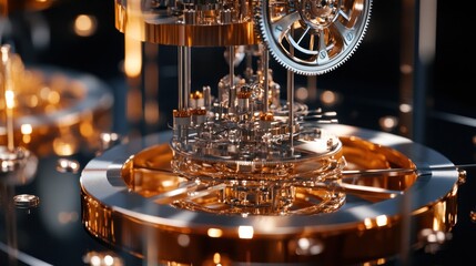 Intricate Golden Clockwork Mechanism: Detailed Close-Up, Elegant Design, Luxury.