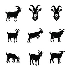 Fototapeta premium Collection of black goat silhouettes isolated on white background for design