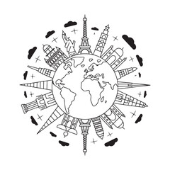 World Landmarks Circle the Earth Silhouette Art Style A Global Exploration and Cultural Representation Black and White