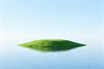 A small green island floating on calm water under a clear blue sky