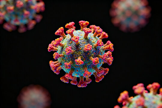 Colorized microscopic view of a virus particle with surface spike proteins