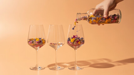 Pouring colorful flower petals from jar into wine glass on orange background in studio shot