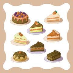 Assortment of delicious cakes and cake slices with various toppings.