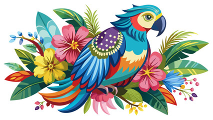 Fototapeta premium Vibrant parrot illustration surrounded by colorful flowers and lush tropical foliage elements