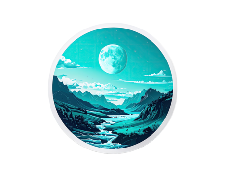 Circular landscape painting of a serene valley under a full moon