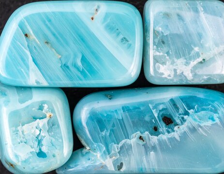 Close-up of polished larimar stones in various shapes and sizes, showcasing their unique textures and patterns