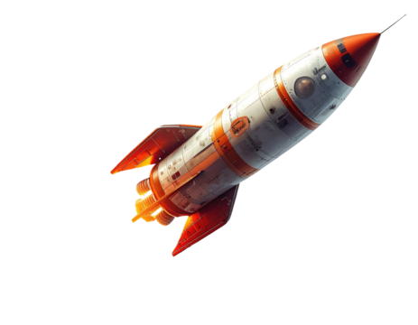 Retro rocket, orange and white, angled upward, flames erupting