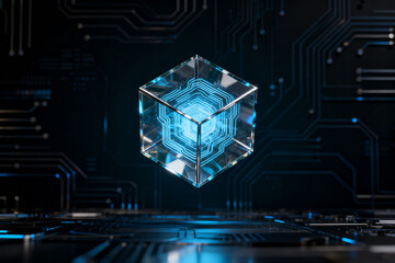Transparent futuristic cube with glowing blue circuit patterns floating over a digital circuit board background