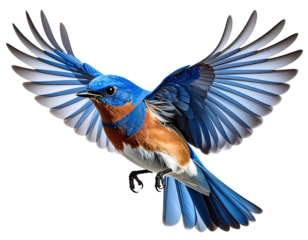 Vibrant blue bird in flight against black background