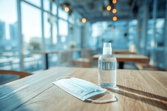 Hand sanitizer and face mask on a cafe table