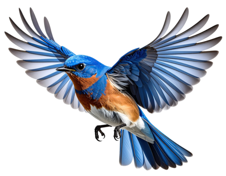 Vibrant blue bird in flight against black background