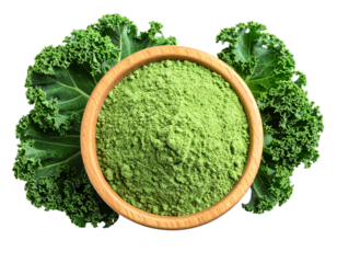 Kale powder isolated on white background, presented as a vibrant green mound.