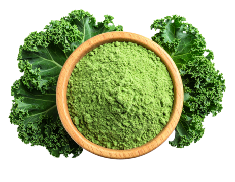 Kale powder isolated on white background, presented as a vibrant green mound.