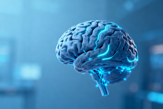 Digital rendering of a human brain with glowing neural pathways in a laboratory setting