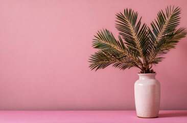 Obraz premium A cream-colored vase with palm fronds against a pink backdrop