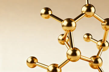 Golden molecular structure model with interconnected spheres and rods